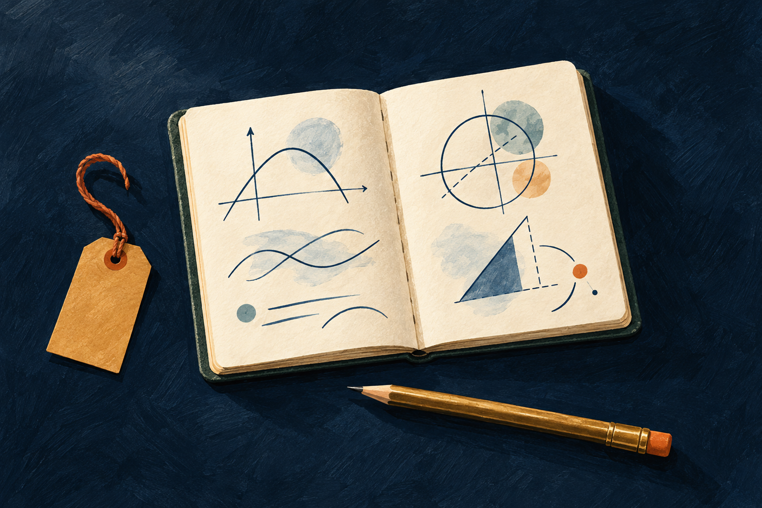 Painted mathematics notebook, pencil and gold tag on a navy desk
